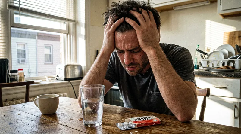 Man with hangover headache